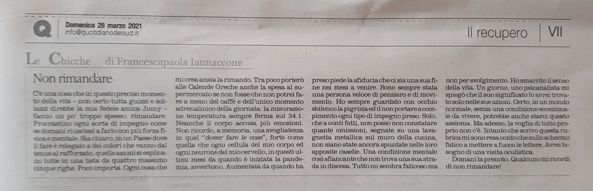 francescapaola3's tweet photo. Da quando è iniziata la pandemia, se c'è una cosa che proprio non riesco a smettere di fare, è "rimandare", come se un nichilismo interiore, bussola delle azioni, mi dicesse che tanto il tempo è sempre quello.
Ne parlo @LAltravoce #insertoculturale #Mimì #rubrica #LeChicche https://t.co/iWspGeTuiV