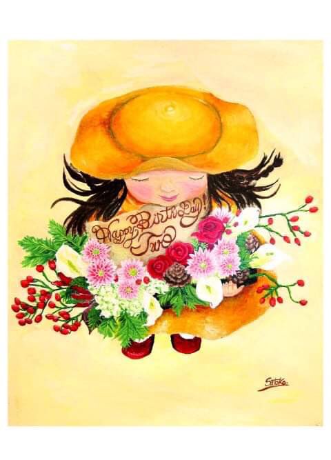 さささとこ 絵本作家 動物イラストレーター 広告も作ります 少女が花束を 大事そうに抱えて お花が沢山で嬉しそうです 花束 少女 花 ガーベラ 女の子 嬉しい 動物イラストレーター さささとこ