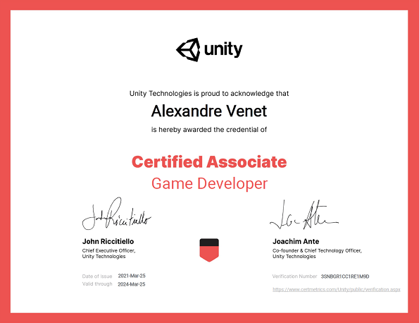 Alhomepage's tweet photo. Certified Associate Game Developer sur Unity (C#) ! https://t.co/s2CaYt3ieY