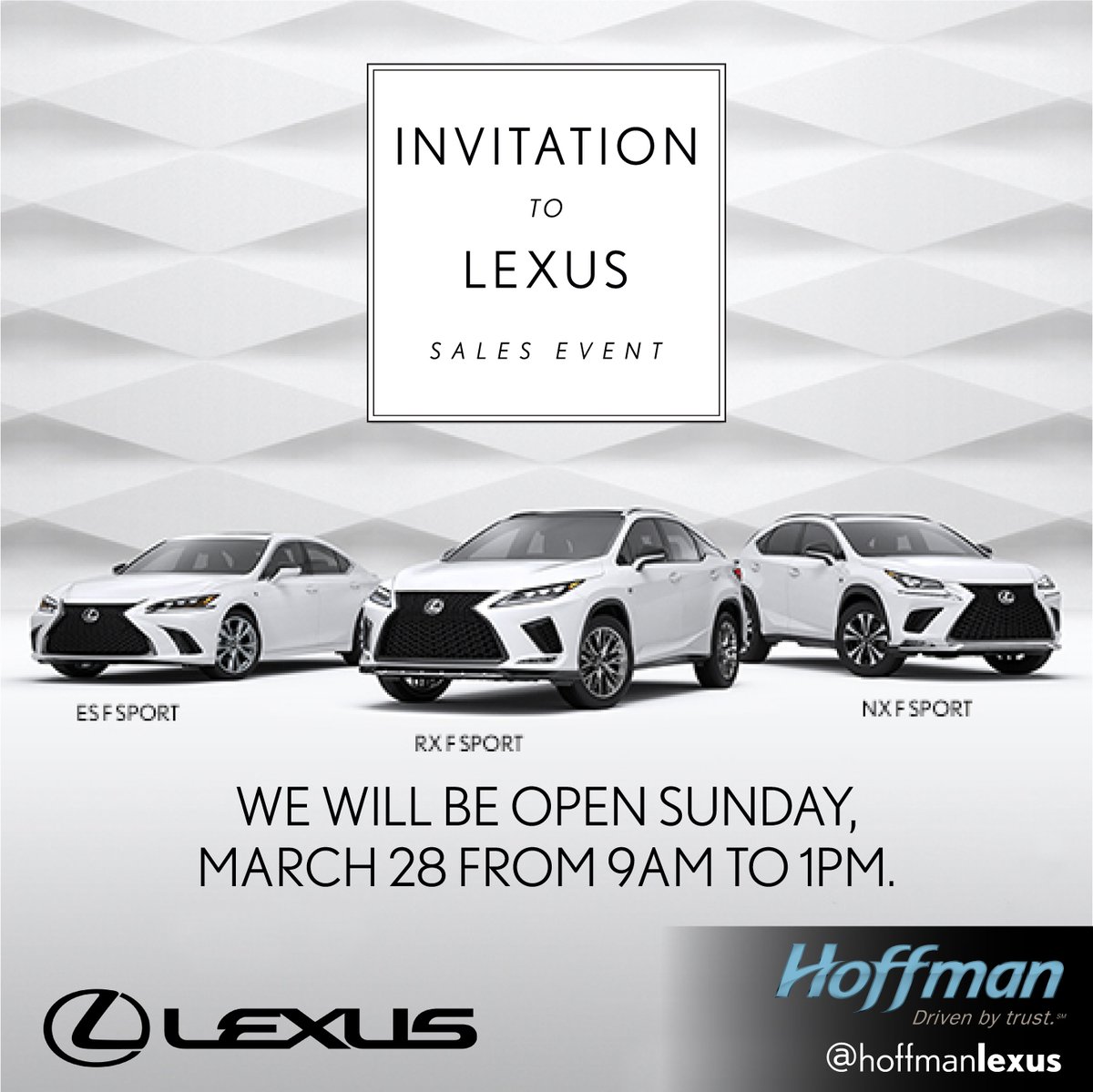 Hoffman_Lexus's tweet photo. You're invited to the Lexus Sales Event! We'll be open Sunday, March 28th to give you more time to take advantage of this event! https://t.co/FbJunbmJSw