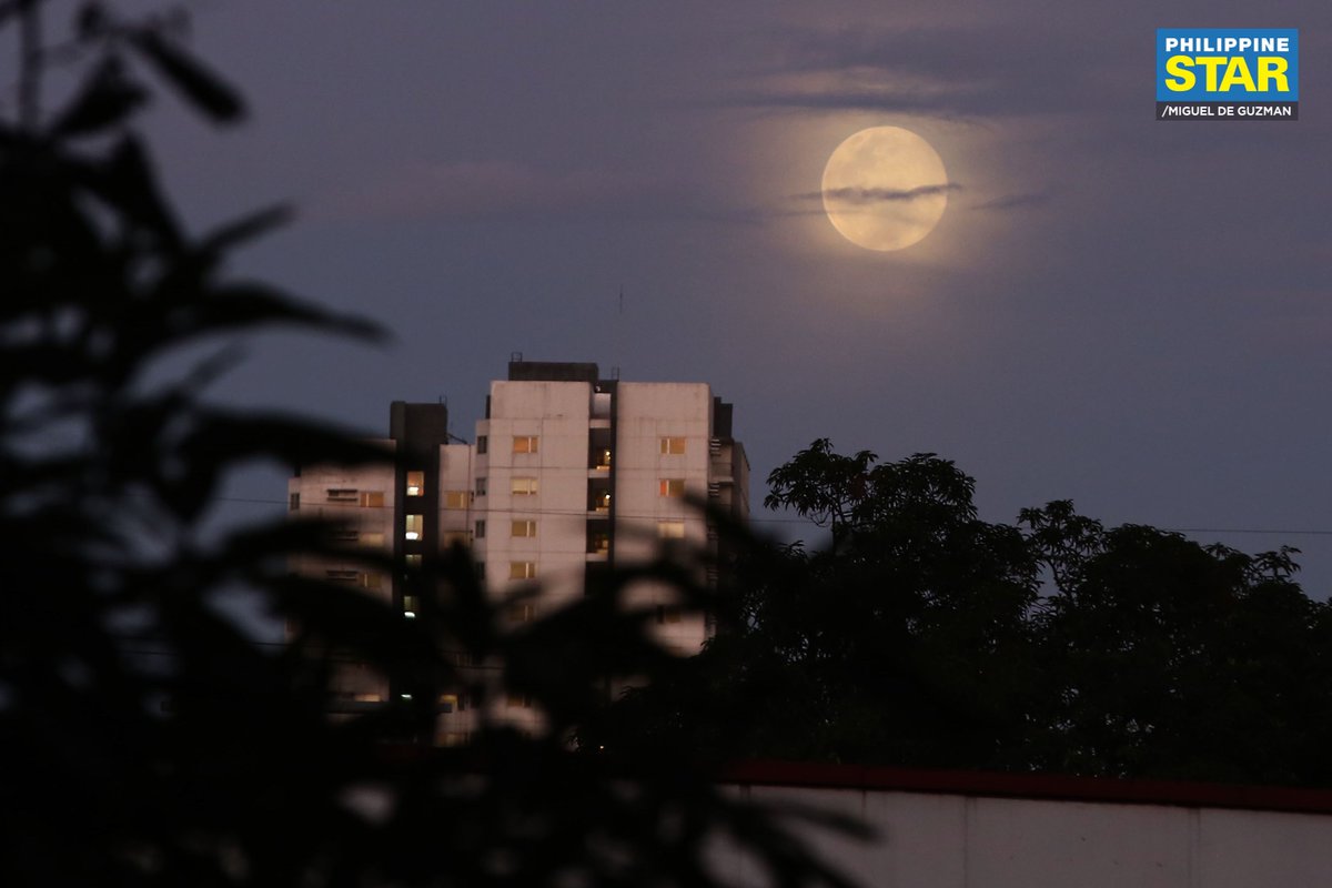 PhilippineStar's tweet photo. Majestic 🌕✨

The moon rises over trees and buildings as seen from Manila on Sunday evening. According to PAGASA, it will reach its full phase at 2:49 AM on Monday. https://t.co/Je3VLWuOV7