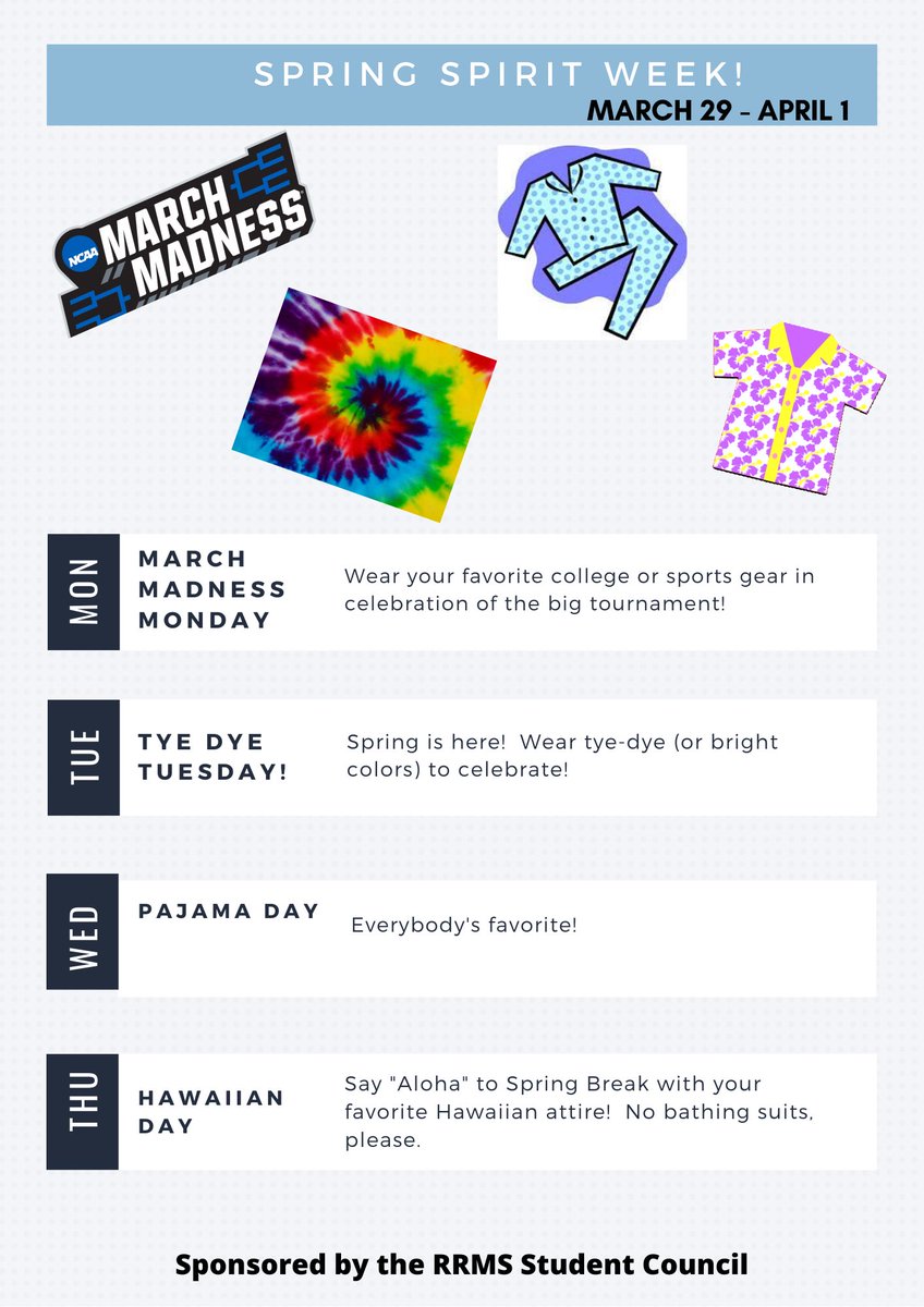 Spring Spirit Week sponsored by our RRMS Student Council starts tomorrow with March Madness Monday! Wear your favorite team or college sports gear! #spiritweek #MahwahConnects