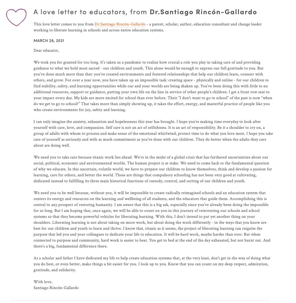Hi educators, <a href="/SRinconGallardo/">SantiagoRG</a> is sending♥️your way! 

"I hope you take care of yourself as seriously and with as much commitment as you’ve done with our children. They do better when the adults they care about are doing well."

Read the love letter here: rotmanithink.ca/love-letter