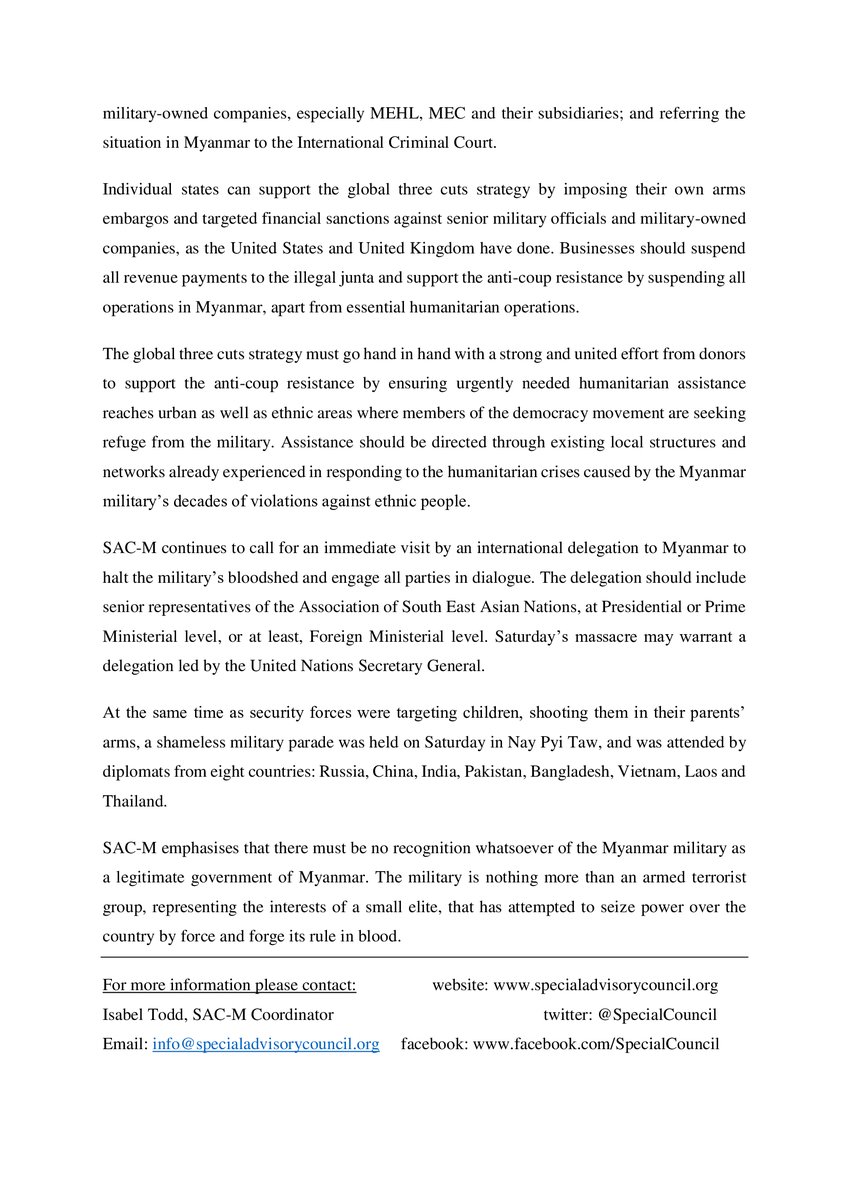 The #Myanmar Military is engaging in terrorism. The Myanmar people are calling for action under R2P. In response, SAC-M wants to see a global #ThreeCuts strategy against the #MyanmarMilitary: cut the weapons, cut the cash, cut the impunity.
#WhatsHappeningInMyanmar #Mar28Coup