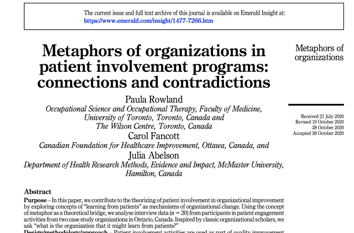 Paula Rowland (@paularowland121) on Twitter photo What do we mean when we say "organizations must learn from patients"? So pleased to share this paper:
"Metaphors of organizations in patient involvement programs"tinyurl.com/4ucj34vr with <a href="/julia_abelson/">Julia Abelson</a> @carolfancott; special issue <a href="/SHOC_OBHC/">SHOC-OBHC</a>. Open access! Tx <a href="/AMSHealthcare/">AMS Healthcare</a>. What do we mean when we say "organizations must learn from patients"? So pleased to share this paper:
"Metaphors of organizations in patient involvement programs"tinyurl.com/4ucj34vr with <a href="/julia_abelson/">Julia Abelson</a> @carolfancott; special issue <a href="/SHOC_OBHC/">SHOC-OBHC</a>. Open access! Tx <a href="/AMSHealthcare/">AMS Healthcare</a>.