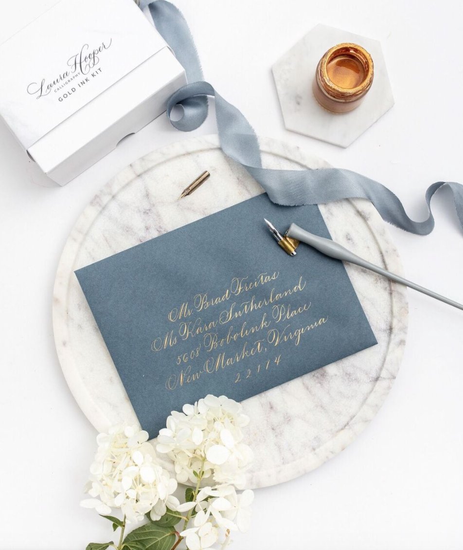 A metallic handwritten script simply can’t be replicated with a digitally printed computer font! If you want your invitations to make a statement, don’t forget about the *first* piece your guests see, the outer envelope! Visit Lhcalligraphy.com/custom for details on our services