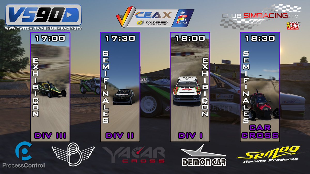 club_simracing's tweet image. 🟢Continua el #Evento1 @CeaxVirtual🟢

Carreras: 
17:00h Exhibición Div. III
17:30h Semis Div. II
18:00h Exhibición Div. I 
18:30h Semis CarCross.
Circuito: Lleida
Directo en: twitch.tv/vs90simracingtv

@RFEdeA 
@CEAX_RFEdA