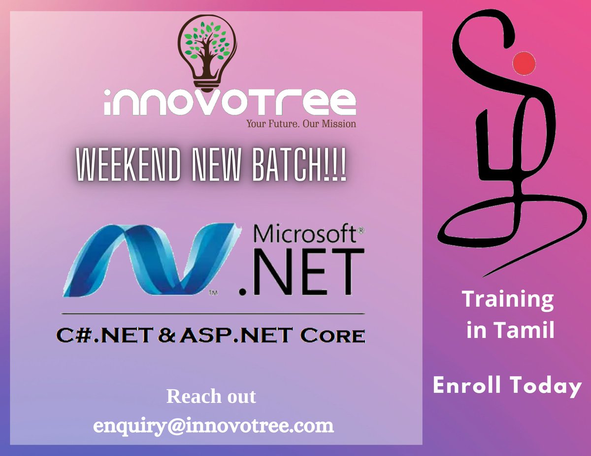 alagunilam's tweet photo. Become a Professional https://t.co/GbPuuRRyem Core Developer from scratch!!! Its a paid course!!
25 Hours of Training...
We are planning to Start a new weekend batch for C# &amp; https://t.co/BYKXJ0Bxb7 core. 

Register Here: https://t.co/TBkEfqDOh8

#innovotree #MCT #asp #mvc https://t.co/eXnaSegOe1
