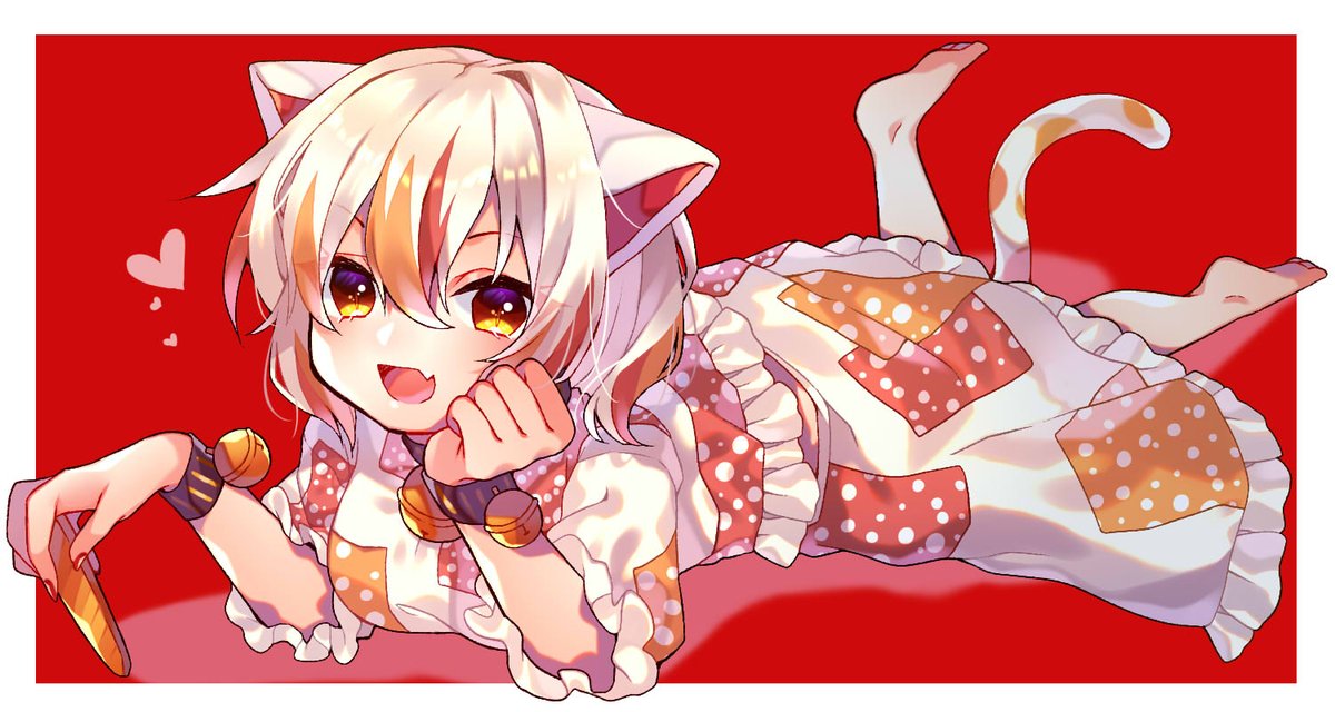 1girl animal ears solo cat ears bell open mouth red background  illustration images