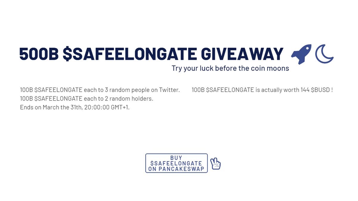 🚨🚨 ALERT! BIG GIVEAWAY! 🚨🚨
We are giving 500 BILLIONS coins (1100$) 🔥 
Ending March the 31st, 20:00:00 GMT+1 🔥 
To enter : -RT &amp; Like, follow <a href="/safeelongate/">$SAFEELONGATE</a> &amp; tag 3 friends 
OR : Simply hold 1 Billion SEG

#SAFEELONGATE #SAFEMOON #ELONGATE #SAFEMARS #HOGE #BSC