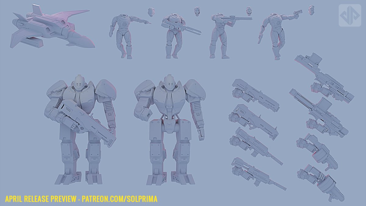 findpurpose's tweet photo. Getting close to the April release for our Patreon. Featured character in 4 poses with different heads, a mech with 8 different guns, and a multi-role fighter! #solprima #patreon #3dmodels https://t.co/KnhkIxEg6p