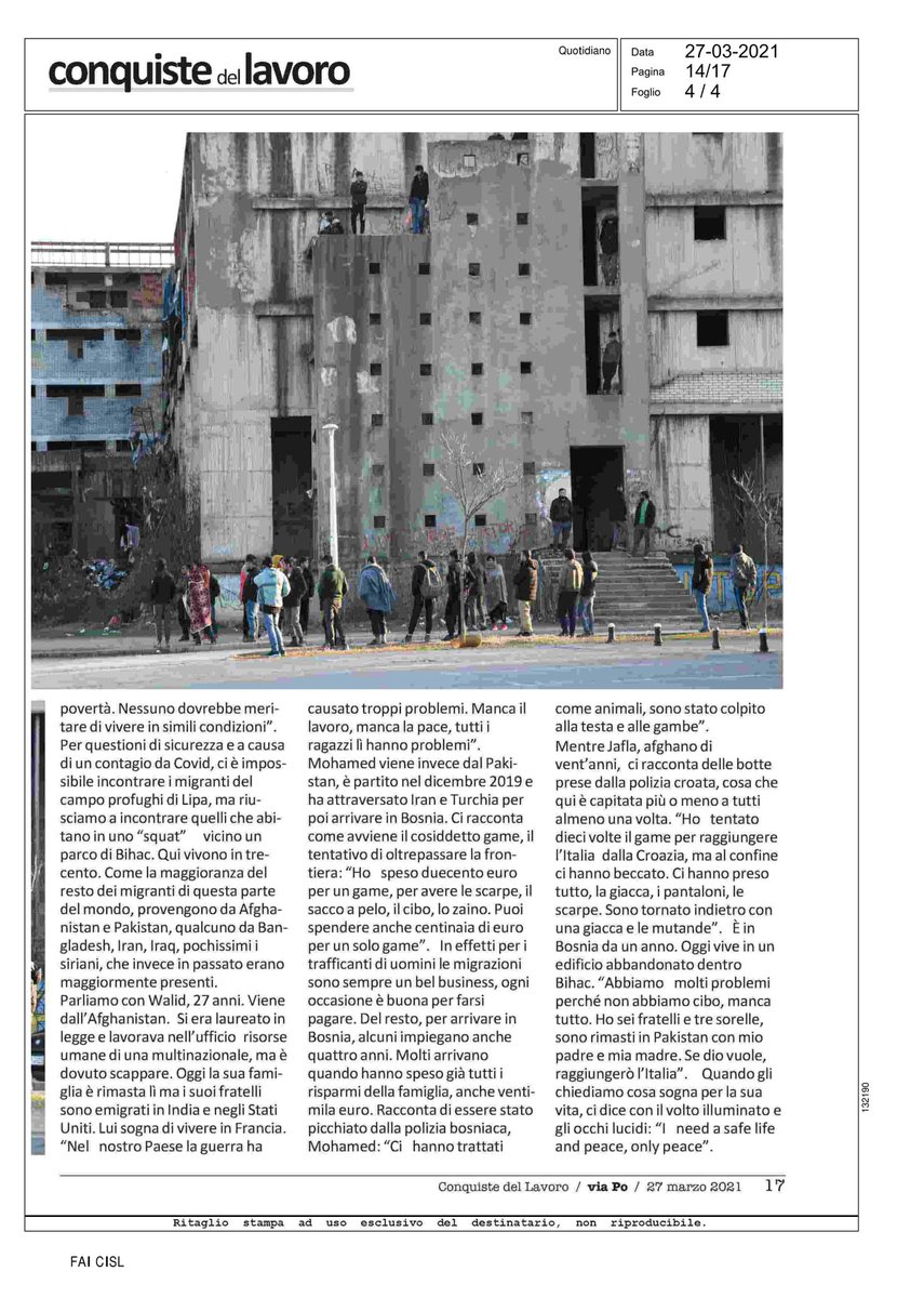 fai_cisl's tweet photo. #Bosnia #BalcanRoute Sulle pagine di Via Po @conquistepromo reportage sulla #rottabalcanica e il progetto "Non solo pane" della #FaiCisl con @Confronti_CNT @ipsia_acli e Chiese Evangeliche. La voce dei #migranti: "I need a safe life and peace, only peace" https://t.co/xCToSjeokx