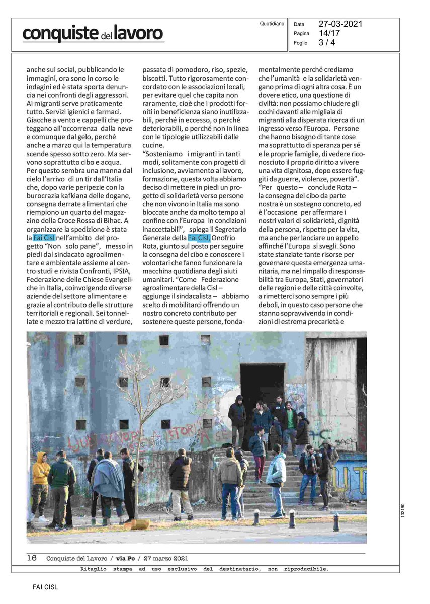 fai_cisl's tweet photo. #Bosnia #BalcanRoute Sulle pagine di Via Po @conquistepromo reportage sulla #rottabalcanica e il progetto "Non solo pane" della #FaiCisl con @Confronti_CNT @ipsia_acli e Chiese Evangeliche. La voce dei #migranti: "I need a safe life and peace, only peace" https://t.co/xCToSjeokx