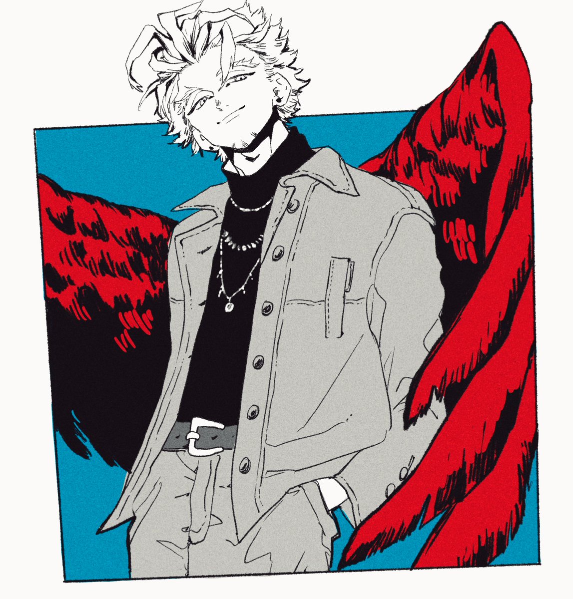 hawks (boku no hero academia) 1boy male focus wings solo red wings from behind pinstripe pattern  illustration images