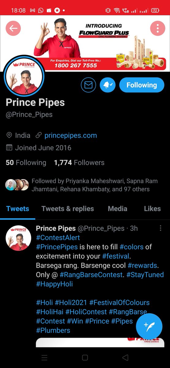 imArun001's tweet image. A. Krishna

#ContestAlert #RangBarseContest #Question5
#HappyHoli #Holi2021 #FestivalOfColours #HoliContest #RangBarse #Contest #Win #Prize #PrincePipes #Prince #Pipes #Plumbers  
@Prince_Pipes 

Friends join
@itsPriynkaM @Tanish25460207 @kmcheb12 @CheboluVasantha  @ParulBatra17