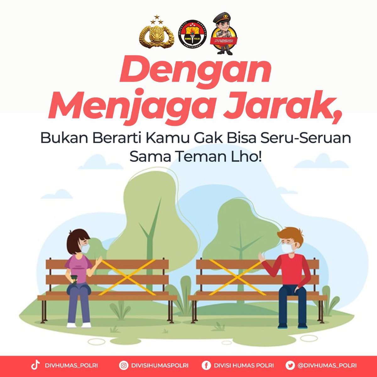 Sobat Polri, ayo tetap patuhi protokol kesehatan seperti menjaga jarak ya! Walau kamu tidak bisa berdekatan, kamu dan teman masih bisa seru-seruan lho! #Covid_19