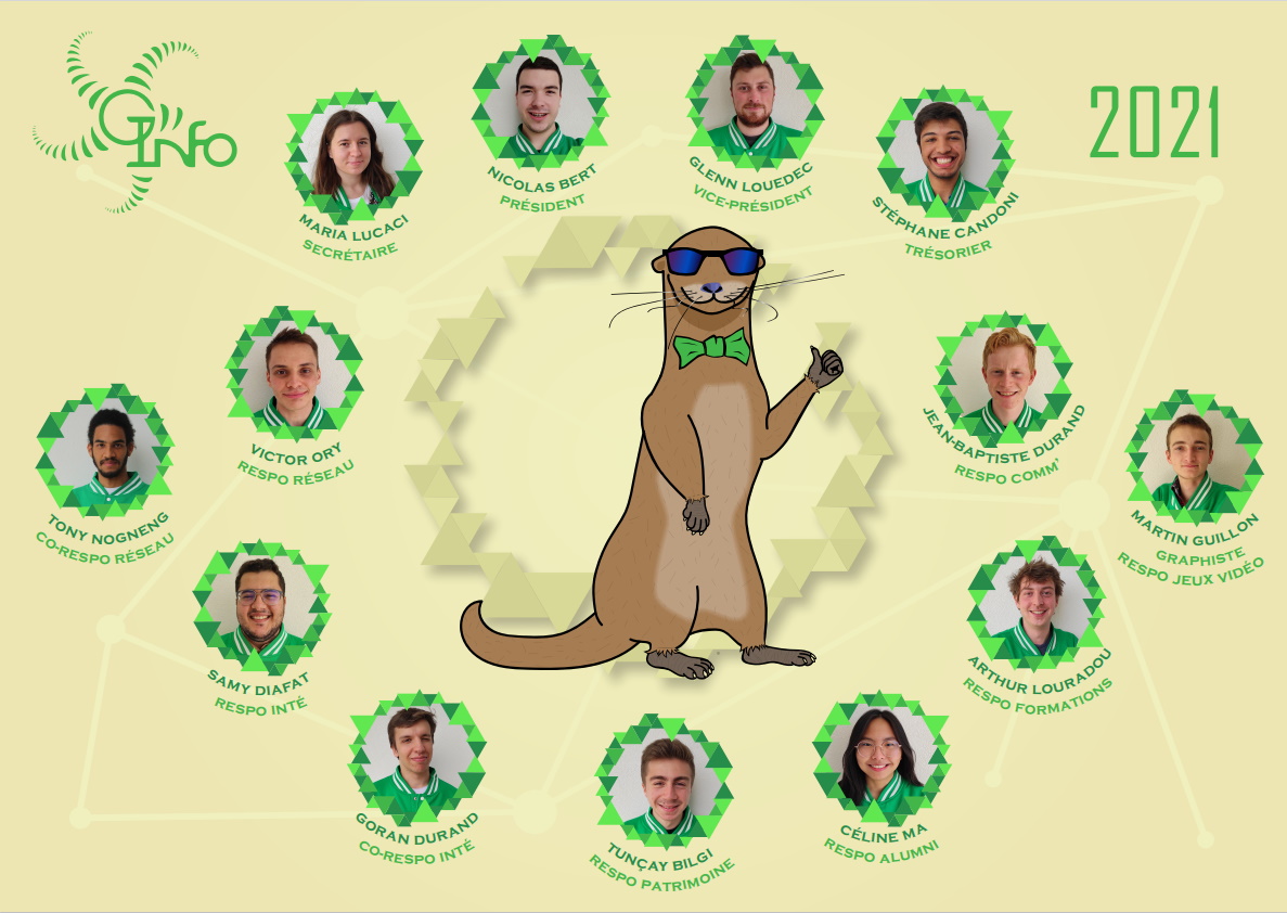 [Mandat 2021][Organigramme]

Salut à tous 👋

Vous l'attendiez avec impatience et la voilà 🎊
Voici la nouvelle team 💪 du GInfo qui fera tout pour vous régaler tout au long de cette année 😍

Gros bisous de loutre 🦦