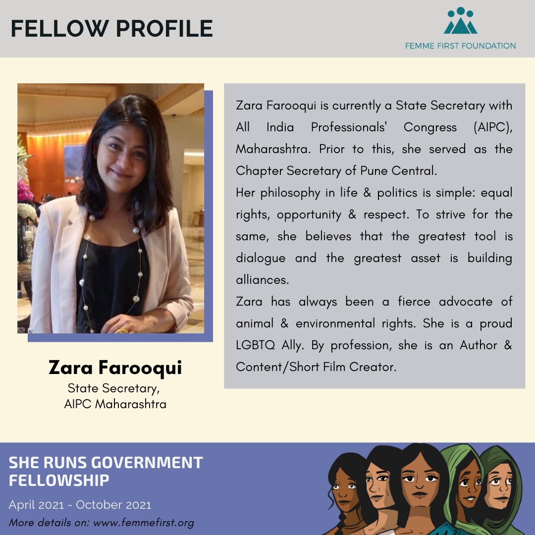 FemmeFirstF's tweet photo. Introducing the inaugural class of the #SheRunsGovernment Fellowship: 

Zara Farooqui (@ZParwal), State Secretary @AIPCMaha

She will be trained by coaches of #HarvardKennedySchool, taught by a world-class faculty, &amp; mentored by seasoned women politicians.

#WomenInPolitics https://t.co/hxudAQD6Fd