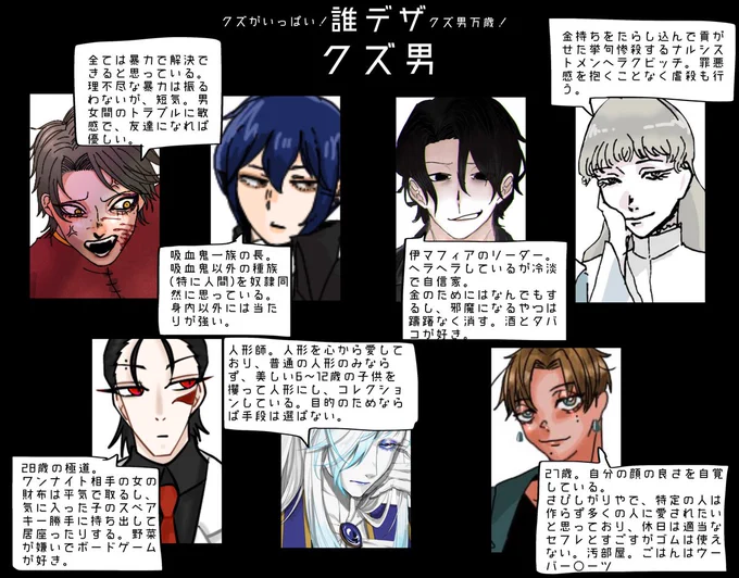 イチタさん(@ ichita_or)主催のクズ男キャラデザゲームに参加しました!!
私のキャラデザはどれでしょう!
アンケート下につなげます!
(1番のイラスト担当しました!) 