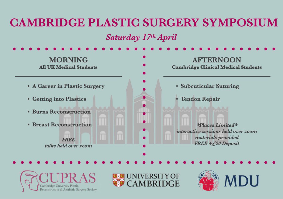 cu_plasticssoc's tweet image. 💫 Cambridge Plastic Surgery Symposium 💫
Join us for the ~ free ~ annual CUPRAS symposium on the 17th April ! 
See the Facebook event here: fb.me/e/ECltIfJH for more details and watch for the ticket drop on the 1st April!