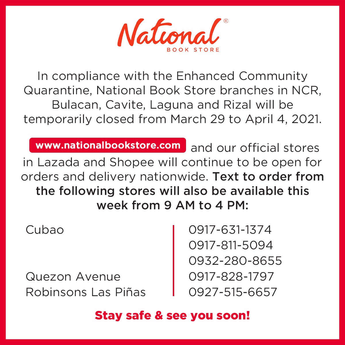National Book Store On Twitter Our Branches In Other Luzon Areas Visayas And Mindanao Will Still Be Operational For In Store Shopping And Text To Order Service Following Local Government Directives Twitter