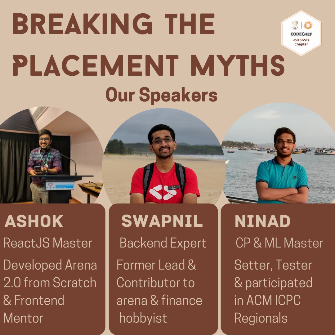 arenaCodeChef's tweet image. Presenting you all our Speakers for Breaking the Placement Myths session👨🎓.3 BEs of our college, studying in CE department and have successfully cracked the placements. ✔️
Register quick, tickets are getting sold fast!
Link :eventbrite.com/e/breaking-the…
#CodechefStudentchapter