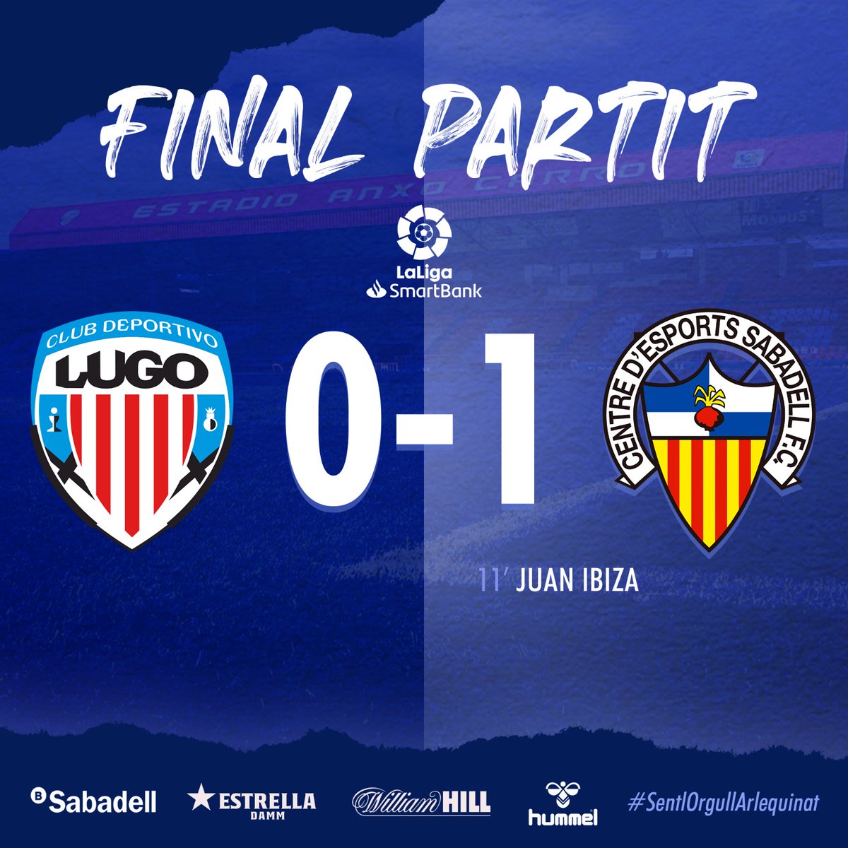 ⏱ FINAL del partit a l’Anxo Carro | 0-1 #LugoSabadell 
 
⚽️ <a href="/juanibiza17/">Juan Fernández</a>

🔥 TORNEM ALS TRES PUNTS! 

💙 Per l’equip! 
🤍 Per vosaltres! 

💪🏼 Seguim lluitant fins al final! 

#SentlOrgullArlequinat