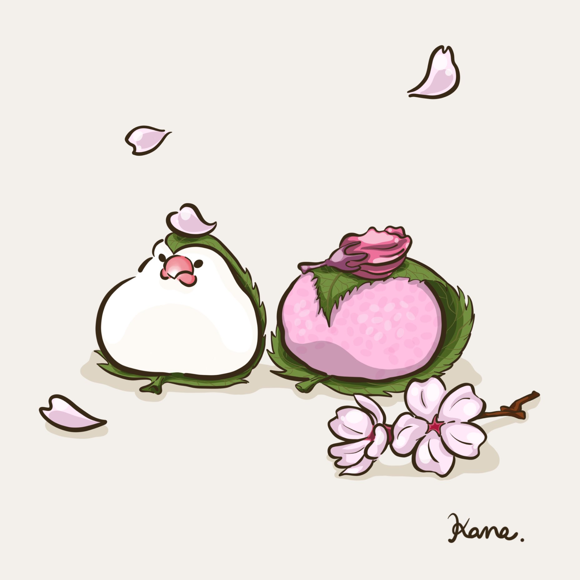 おえかきカナちゃん さくらの日 だったので 桜餅 文鳥です もう近所は満開です Illustration Illustrator Adobe Adobefresco Art イラスト好きな人と繋がりたい イラスト 一日一絵 ゆるいイラスト お絵描き スイーツ文鳥 食べ物