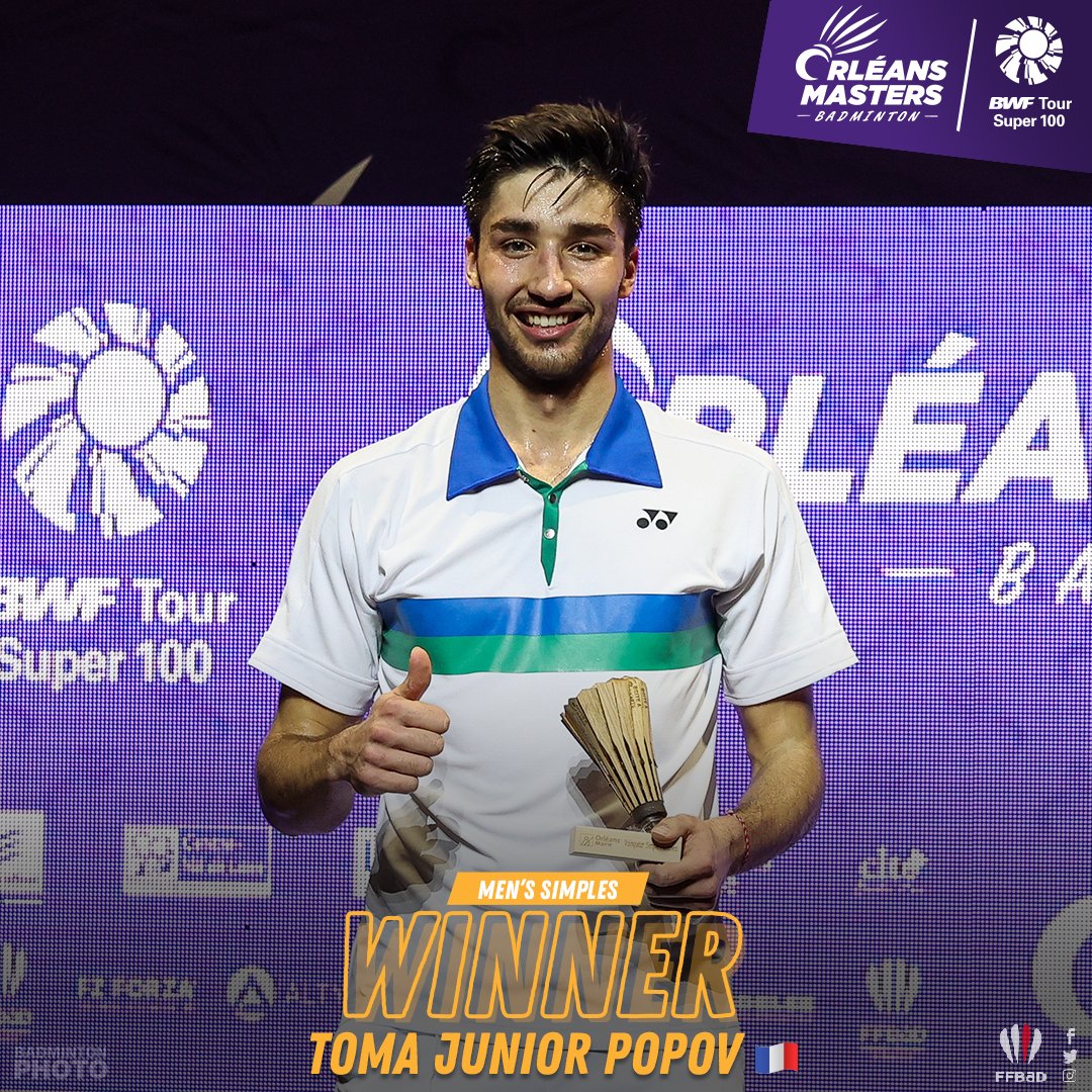 #OrléansMasters2021 LE TITRE POUR TOMA JUNIOR POPOV 🏆
Monstrueux en finale, <a href="/Toma_Jr_Popov/">Tomi</a> remporte le Super 100 d'Orléans 23/21 21/13 face à Mads CHRISTOPHERSEN, et ajoute une nouvelle ligne à son palmarès !💥

✍️ Résumé de la finale : bit.ly/OM2021_Letitre…