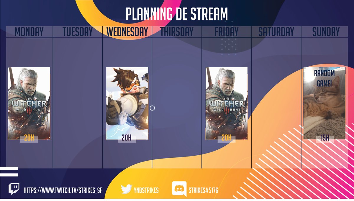 Planning de la semaine de stream!

On va commencer TW3, un peu de OW, et un jeu random chill pour dimanche.

N'hésitez pas à passer!

twitch.tv/strikes_sf