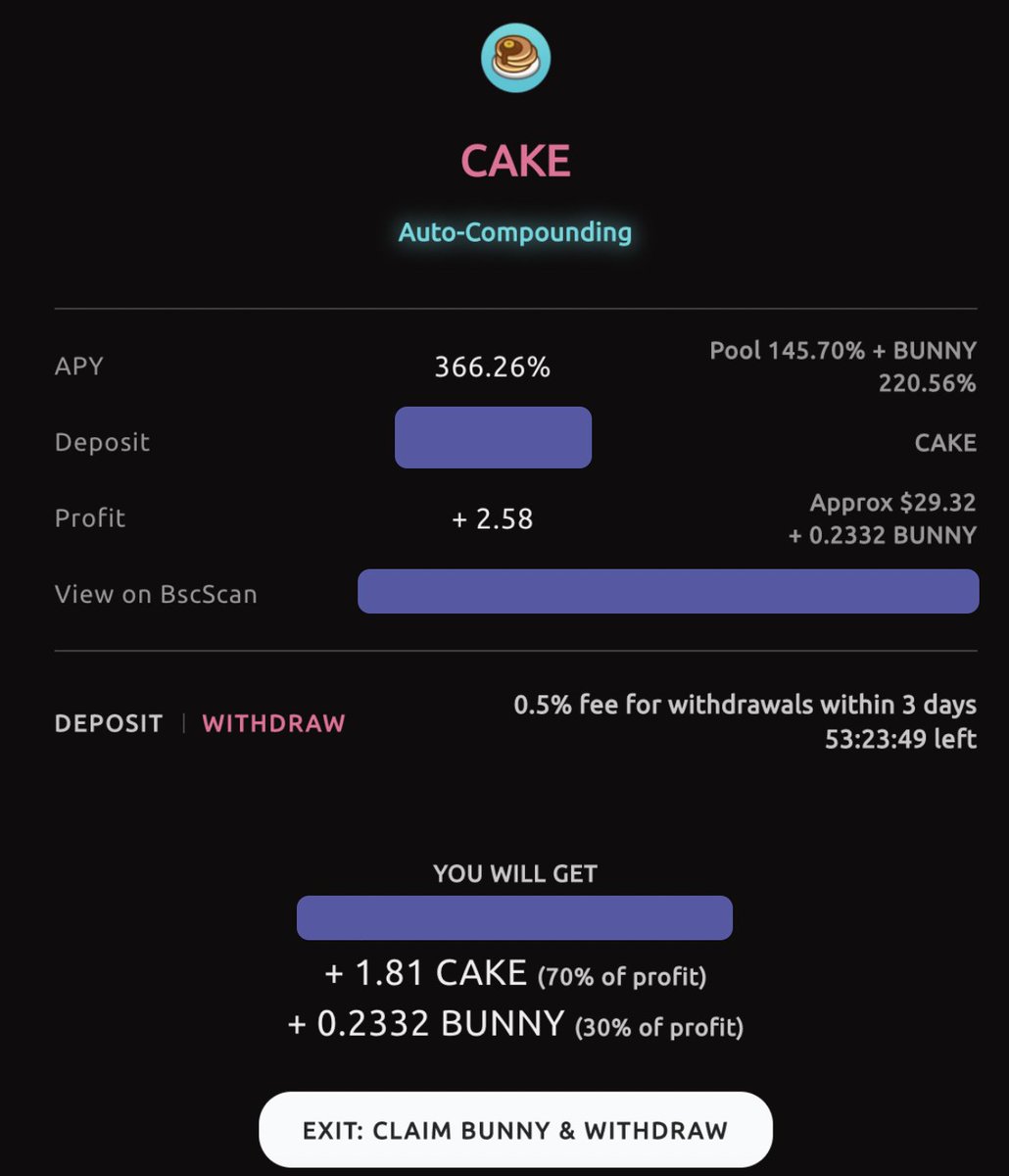 → Je stack aussi une autre partie de mes  $CAKE sur  @PancakeBunnyFin depuis hier (avant ils étaient en LP Cake/BNB mais j'ai retiré, comme  @cryptosNF, par crainte de l'IL)L'APR est de 366% en ce moment mais vous générez des  $CAKES (145%) + des  $BUNNY (220%)