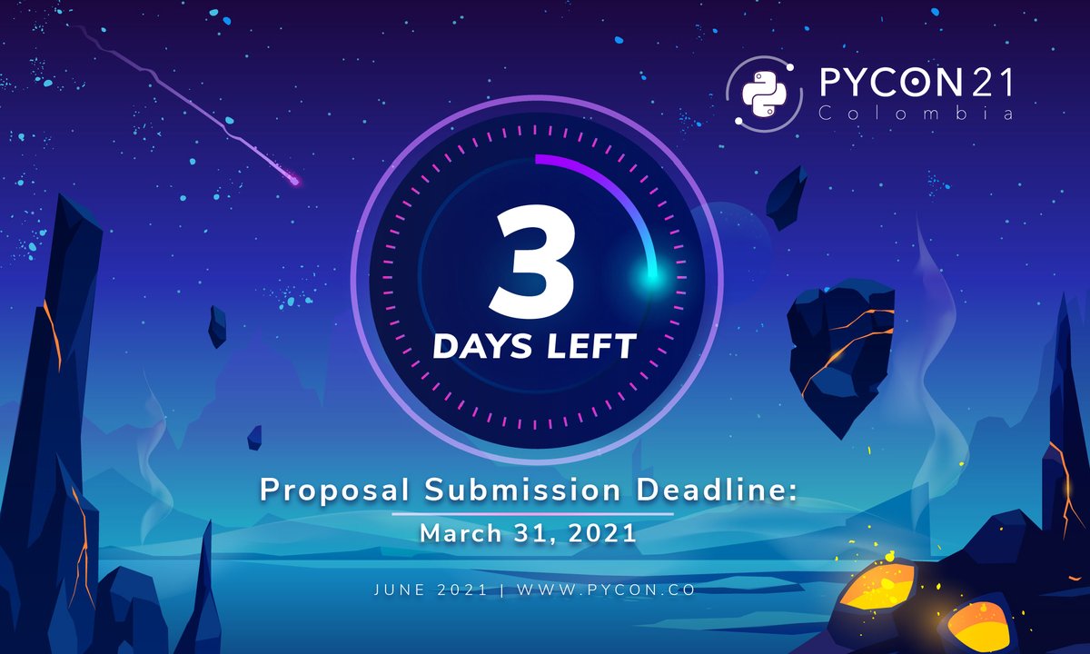 calidevco's tweet photo. RT pyconcolombia "In 3 days the call for papers closes, hurry up don't miss the opportunity to be a speaker at PyCon Colombia 2021.

Go to https://t.co/XjRRzYhOIg

And Submit your proposal

#PyConColombia2021 #Python #PythonColombia #Pythoncode #Pythonc… https://t.co/YxoIY3p9ia"
