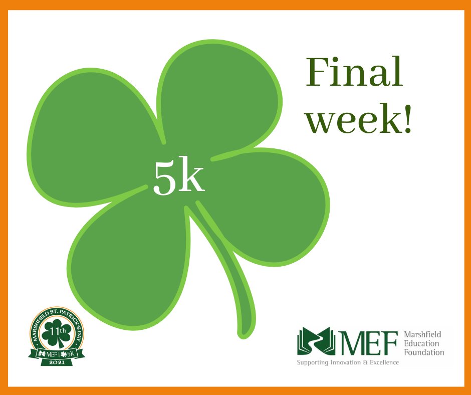 Final week to run/walk your Marshfield St. Patrick's Day 5k! Yes, there's still time to register at racewire.com/register.php?i…
Don't forget to submit your times to ow.ly/LYmZ50EadSW