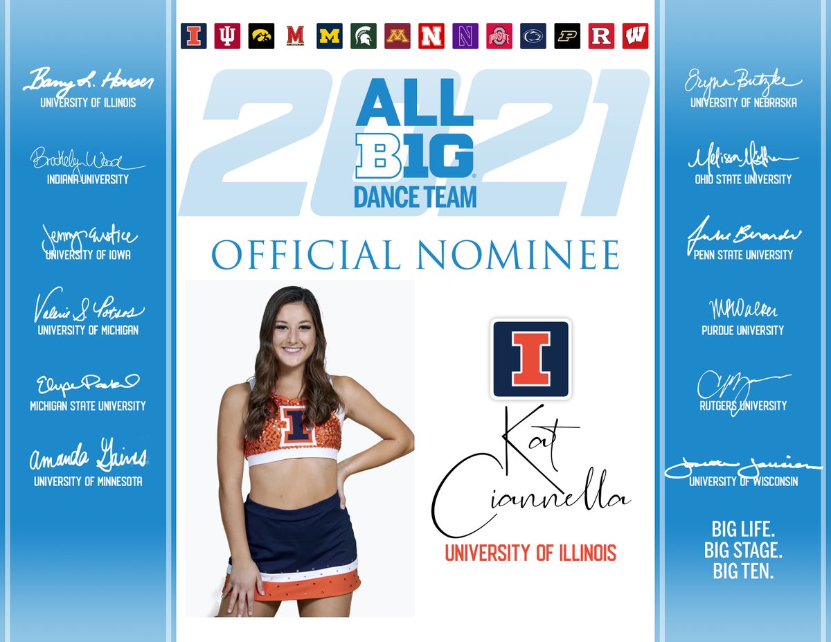 Congratulations to these 13 awesome members of the <a href="/UofI_Illinettes/">IllinettesDanceTeam</a> on their nomination to the 2021 All Big Ten Teams in the areas of skills, academics, and community service. Approximately 900 athletes represent all cheer and dance teams in the conference. Congrats!