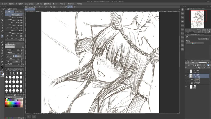 新タブレットになれるためにラフ描き。ストロークは大きくなるけど、ザクザク描くときは早く描ける気がするな。あとすべすべw より紙に鉛筆(2Bとか若干やわらかめの)で書いているときに近づいたかな?
13インチのときと若干視差を感じるが、これは慣れかなー 
