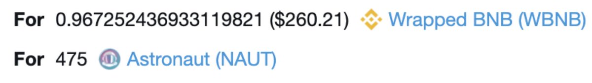 Comme exemple, prenons le  $NAUT dont je vous ai déjà parlé plusieurs foisIl y a 1 semaine, j'ai pris 475  $NAUT pour quasiment 1  $BNBAujourd'hui j'ai + de 482  $NAUT sur mon wallet (+7  $NAUT gratos, sans rien faire du tout) qui représentent une valeur de 1.43  $BNB au total