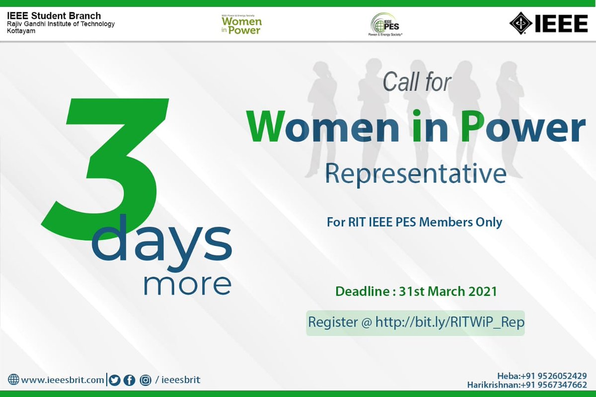 ieeesbrit's tweet photo. 🛑The deadline for registration has been extended to 31 March 2021.🛑
#IEEEPESSBC RIT invites active young enthusiasts to join our crew as the Women in Power Representative.
So Hurry up⏳⏳⏳
Reg @: https://t.co/Jd04I6ZQ5G
Roles and responsibilities:
https://t.co/NUaO0j2DSz https://t.co/yQSchyQPu3