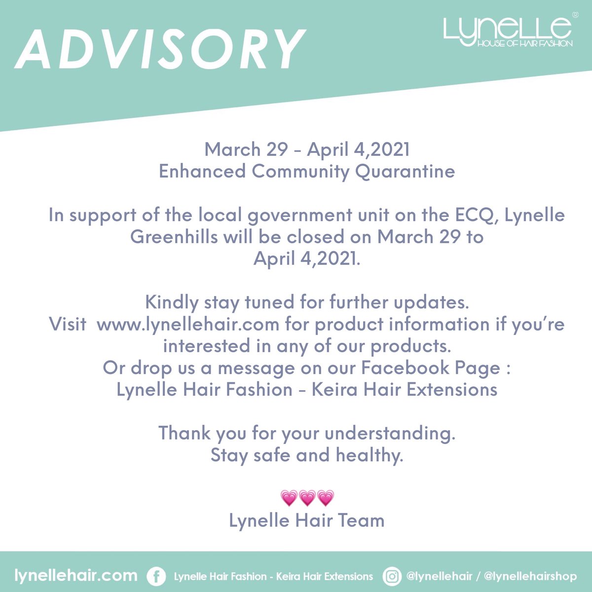 lynelle_hair's tweet photo. #LYNELLEHAIR Advisory : March 29-April 4,2021
#ECQ Lynelle Hair Greenhills Store
#ecq2021 https://t.co/IP1Qesocll