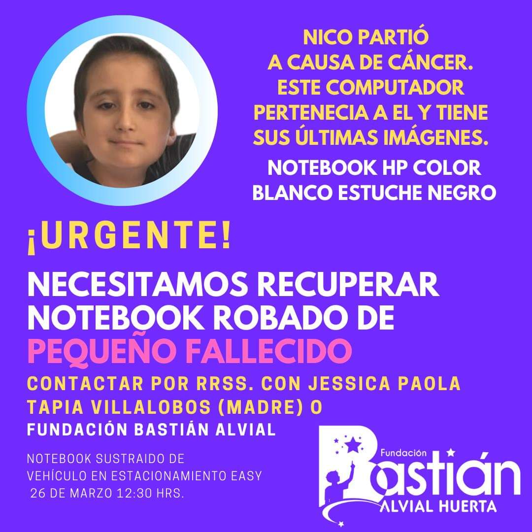 Por favor difundir, si ustedes supieran el valor que adquieren las imágenes cuando un hijo fallece, conocí a Nicolás y su madre quien ni siquiera pide recuperar el computador sino sus imágenes, allí esta toda la historia de Nico, ayúdennos a difundir como si se tratara de su hijo