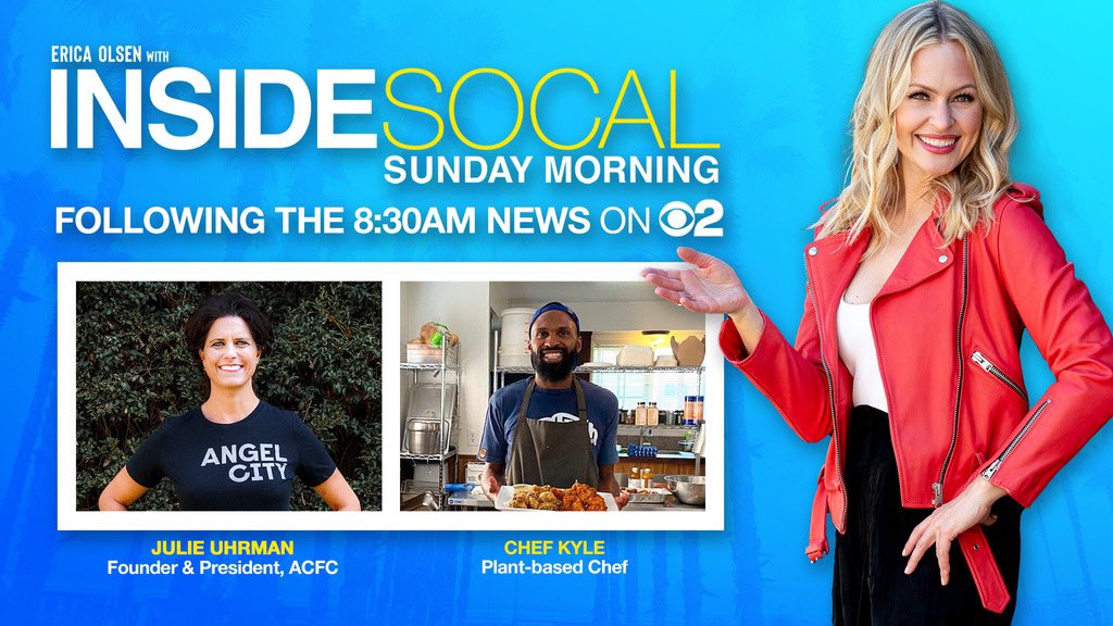 HostEricaOlsen's tweet photo. One hour away! We talk plant-based food for game day and how LA’s new pro women’s soccer team is crushing it before even hitting the pitch. Catch it on @cbsla or https://t.co/x11AyXc5Nz at 8:55amPT today💥💥💥
#insidesocal #veganfood #plantbased @weareangelcity #womenssoccer https://t.co/dVolNxuA9n