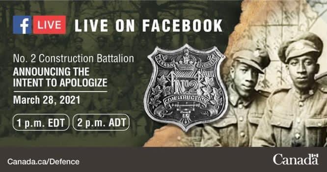 HarjitSajjan's tweet photo. ⏰: Today 2PM AST/ 1PM EST
Join us via Facebook LIVE as we recognize the legacy of the No.2 Construction Battalion.
Black.
Nova Scotians.
Canadians.
We will honour & remember them.
Tune in here ⬇️
https://t.co/N8CpiJTAxV https://t.co/jxez7cB8en