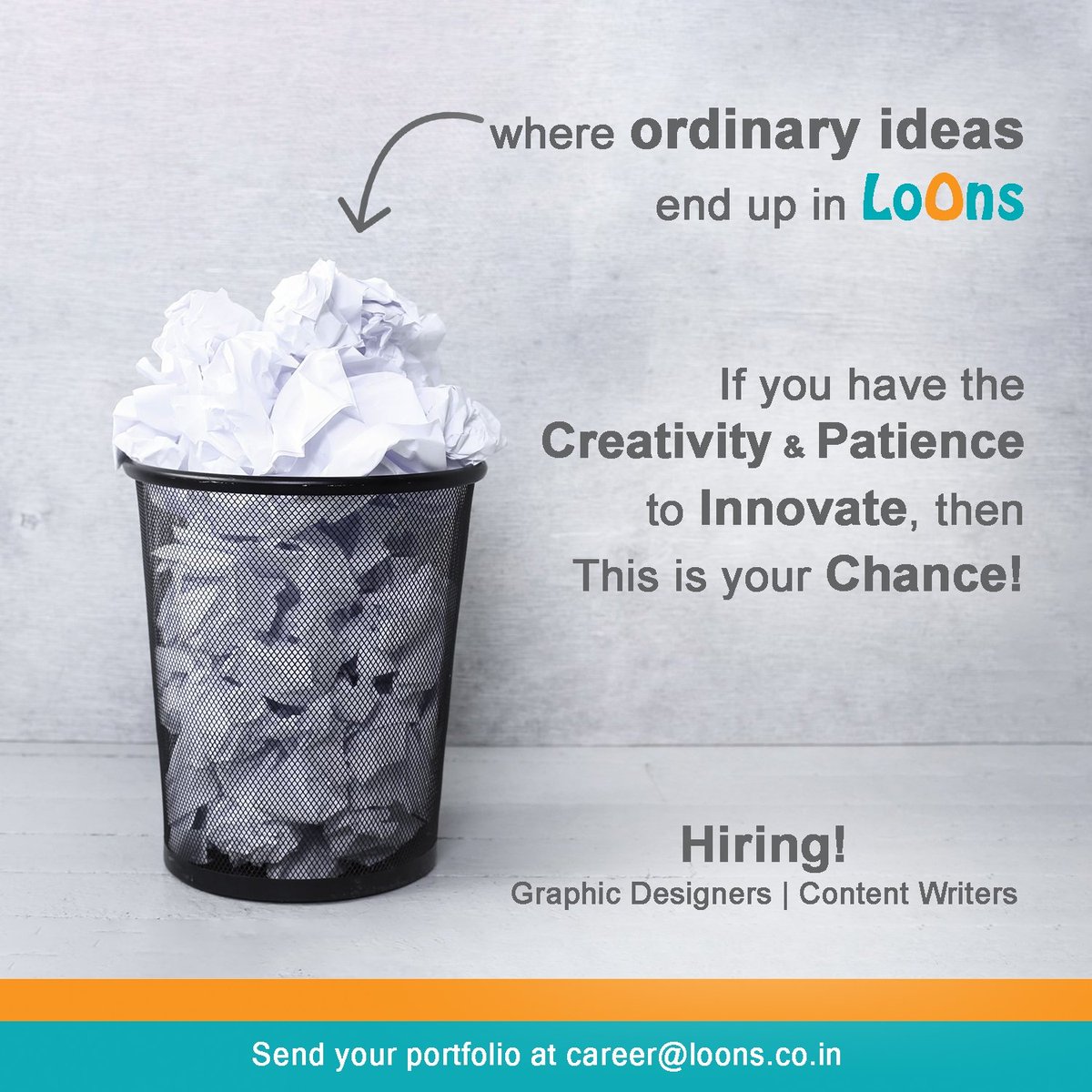 loonsindia's tweet photo. Our creative space is expanding. And hence, we are ready to adjust for an  extraordinary thinker like you.

If you feel to fit in and add sugar &amp; spice to client's brief, you can join our army. Send your portfolio at career@loons.co.in

#loons #hiring #graphicdesign #content https://t.co/wsOEefDU1z