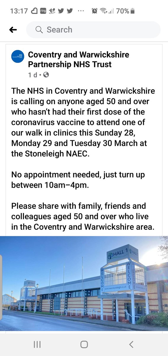 Calling everyone over 50 in Coventry and Warwickshire who still need to have 1st vaccine