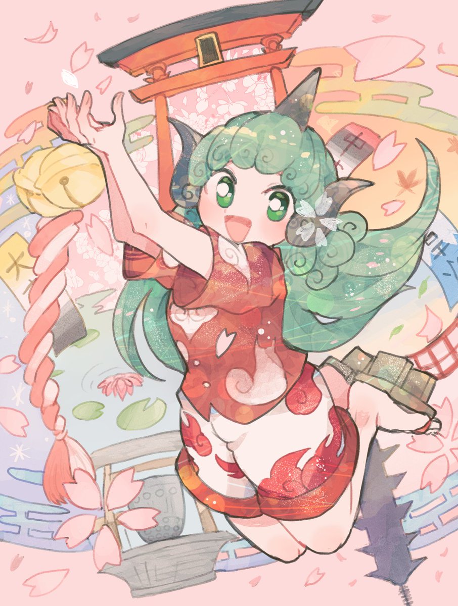 komano aunn 1girl green eyes horns long hair torii solo single horn  illustration images