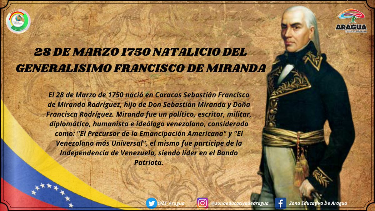 Hace 271 años nació en estas tierras, el Almirante en Jefe Francisco de Miranda. Caraqueño universal, creador del concepto de la unión latinoamericana. Su grandeza está presente en el pueblo venezolano que resiste los embates del imperialismo. <a href="/NicolasMaduro/">Nicolás Maduro</a> 
#CuidemonosEnFamilia
