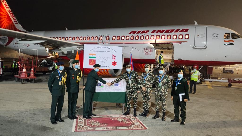IndiaInNepal's tweet photo. 100,000 doses of #MadeInIndia Covid-19 vaccine gifted by Indian Army to the Nepali Army were received at Tribhuwan Airport today. 

 #VaccineMaitri #IndiaNepalFriendship  #NeighbourhoodFirst 
#COAS
 @adgpi @pmoindia @meaindia @thenepalesearmy https://t.co/TtlWWvV4UH
