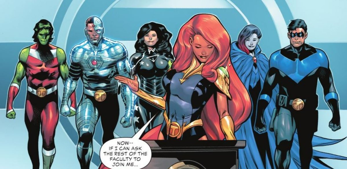3) Love touches like the faculty referred to as just "Titans," the upper classmen as "Teen Titans," and the rest just students. Yes, it's very X-Men, but Titans & X-Men have shared DNA for decades. Oh, and Donna Troy teaching "History of the Multiverse?" Genius.