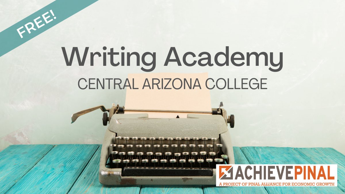 AchievePinal's tweet image. The English Department at Central Arizona College is offering a free two week online Writing Academy from June 8 through June 22. Open to HS and college students. Info: centralaz.edu/boot-camps-wri…
@CentralAZNews #pinalcounty #casagrande #Go60AZ