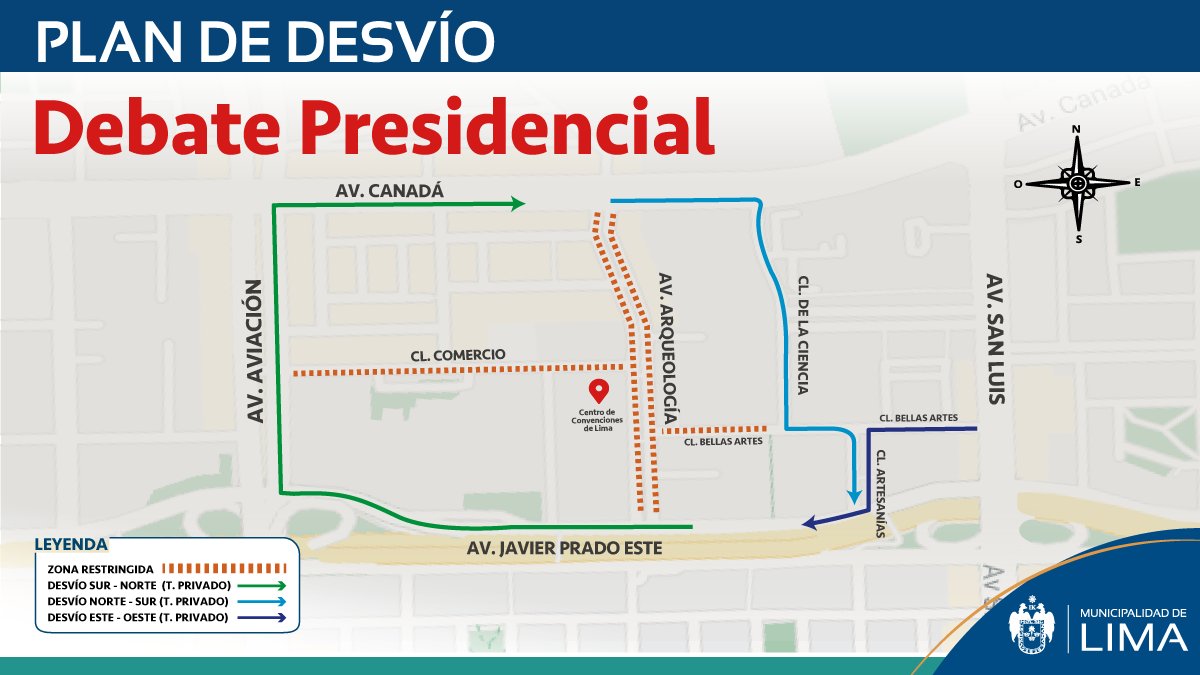 MuniLima's tweet photo. 📢 Te compartimos el plan de desvíos vehiculares en San Borja debido al debate presidencial que se realizará en el Centro de Convenciones de Lima.

Se restringirá el tránsito de automóviles del lunes 29, al miércoles 31 de marzo, de 4 p.m. a 9 p.m. ➡️ https://t.co/bszg8jhWFJ https://t.co/cZ7rwJdjCd