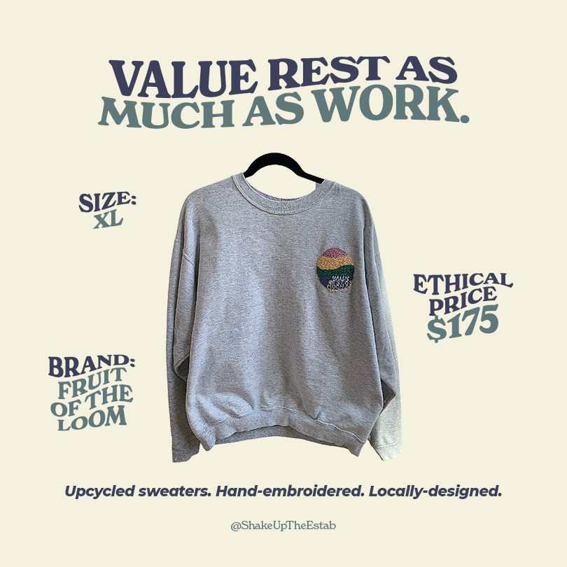 ShakeUpTheEstab's tweet photo. With the fashion industry responsible for around 10% of global emissions, supporting #slowfashion and #localcreators has never been more important. Check out these hand-embroidered, limited-edition SUTE sweaters by Saffron Locas-Hoeltken! 🧵 https://t.co/3JJJ6X90SF